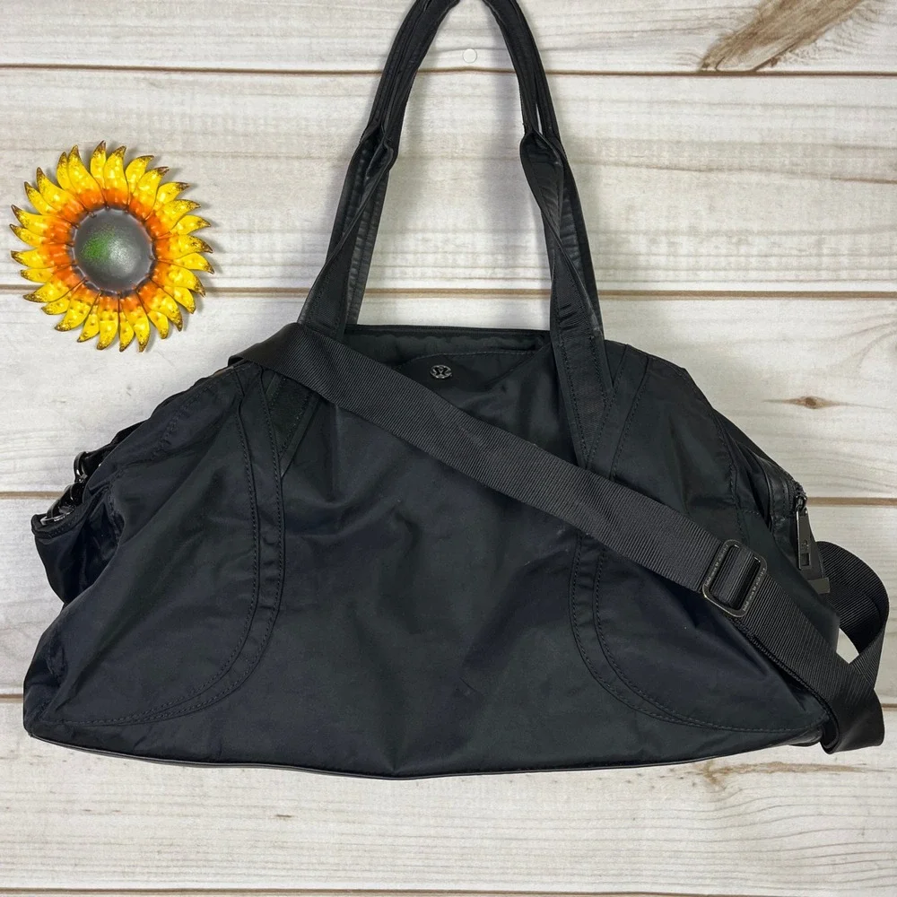 Lululemon Black Nylon Duffel Tote Bag Gym Travel Crossbody Shoulder Bag